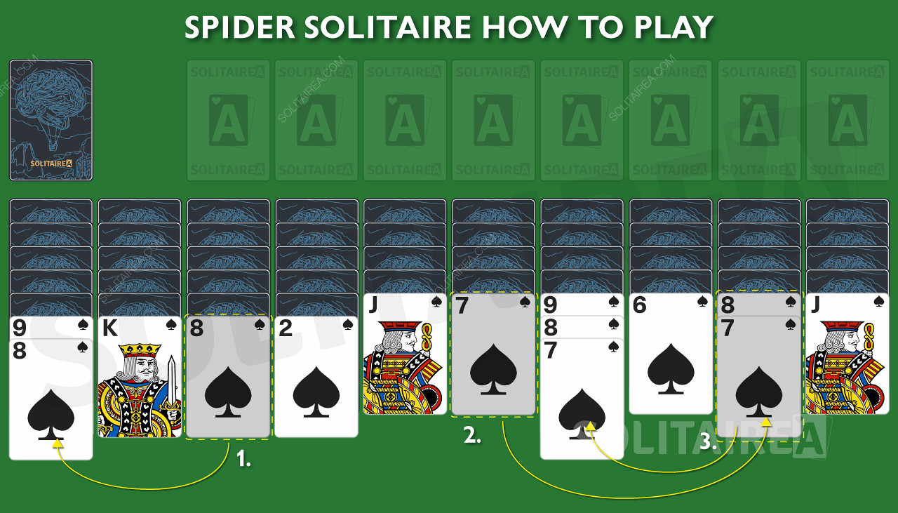 A medida que se mueven y ordenan las cartas, se revelan nuevas cartas enterradas en Spider Solitaire.