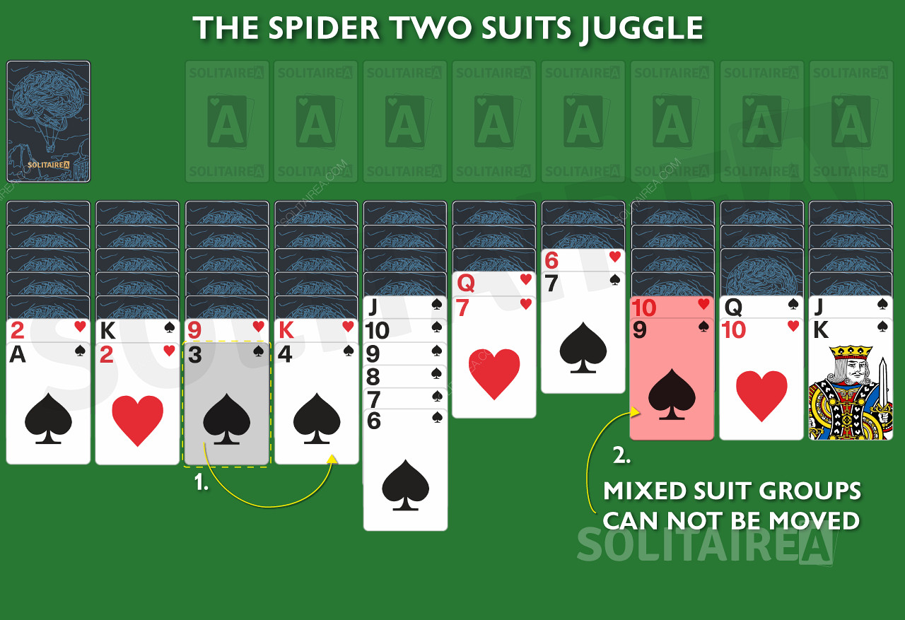 Los grupos de palos mezclados no se pueden mover en Spider Solitaire 2 Suits
